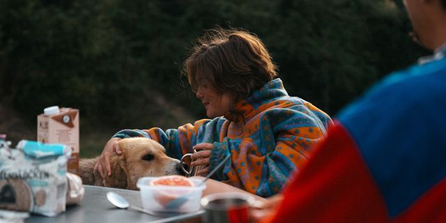 Mädchen mit Hund beim Campen in Albanien