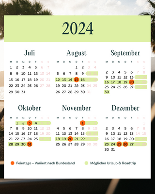 Brückentage Kalender 2024 Juli bis Dezember