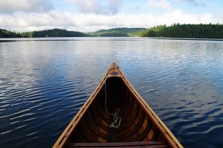 A wooden canoe in the lake surrounded by trees.