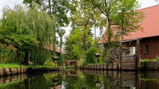 Haeuser am Ufer der Spree im Spreewald, umgeben von Baeumen