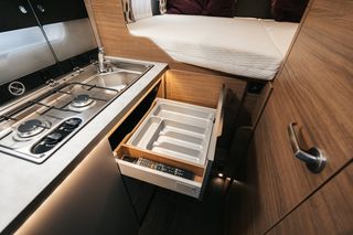 Storage space and drawers in kitchenette of the motorhome