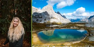 Lea (Social Media Managerin) und ein Bergsee in den Dolomiten.