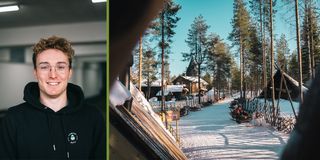 Hannes (Rental Assistent in München) und ein schneebedecktes finnisches Dorf. 